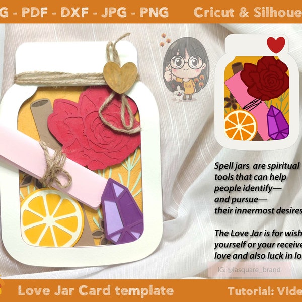 Love Jar greeting card, 5"x7" 3D papercut spell jar, printable Self Love Jar card Svg, valentine handmade, Love jar cut file