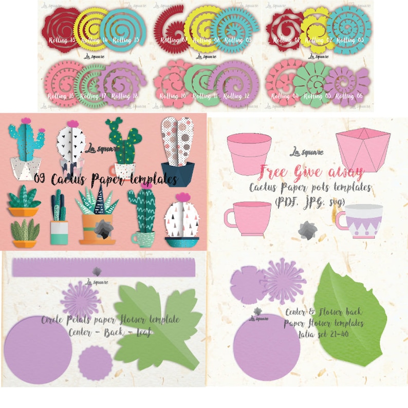 May include: A digital download of printable paper templates for creating cactus pots, flowers, and other crafts. The image shows a variety of templates, including cactus pots, flower petals, and flower centers. The templates are designed to be printed on paper and then cut out and assembled.