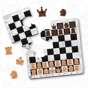 May include: A Flatmate Chess set featuring a jigsaw-style board in black and white, accompanied by light and dark brown chess pieces. The set includes a white organza storage bag, with the text "FLATMATE CHESS" and "TRA.00 Classical Chess Set 4-piece" visible.