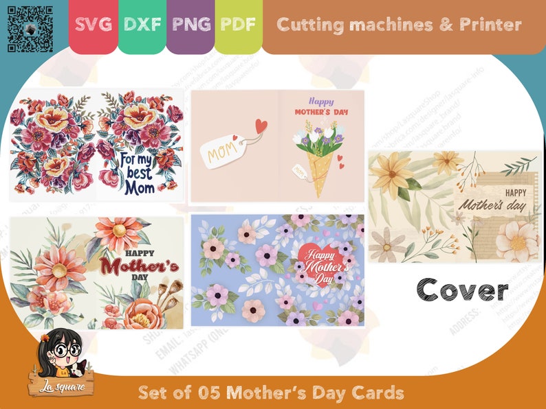 Set 05 Mother's Day greeting cards, foldable two sided printed card, PDF SVG PNG DxF for cricut silhouette printer, for mom image 3