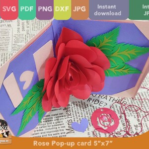 3D Pop-up Rose greeting card, flower Pop up card, printable 3d card Svg cricut, Valentine handmade birthday greeting card for mother image 5