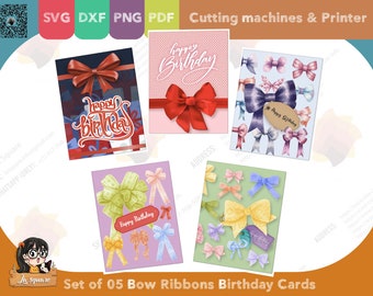 Set 05 Bow Ribbon Happy Birthday greeting cards, foldable two sided printed card,  PDF SVG PNG DxF for cricut silhouette printer