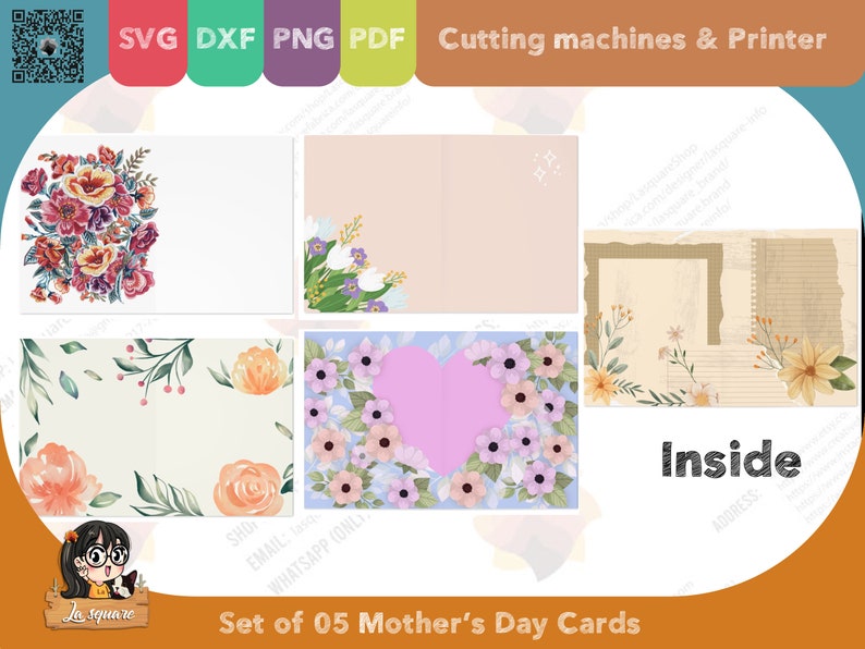 Set 05 Mother's Day greeting cards, foldable two sided printed card, PDF SVG PNG DxF for cricut silhouette printer, for mom image 4