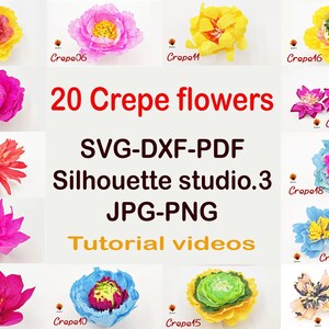20 Crepe paper flower templates, crepe flower SVG, crepe daisy, crepe peony, crepe flower cut files PDF DXF Jpg Png for cricut silhouette