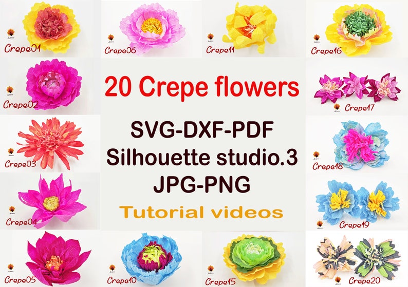 20 Crepe paper flower templates, crepe flower SVG, crepe daisy, crepe peony, crepe flower cut files PDF DXF Jpg Png for cricut silhouette