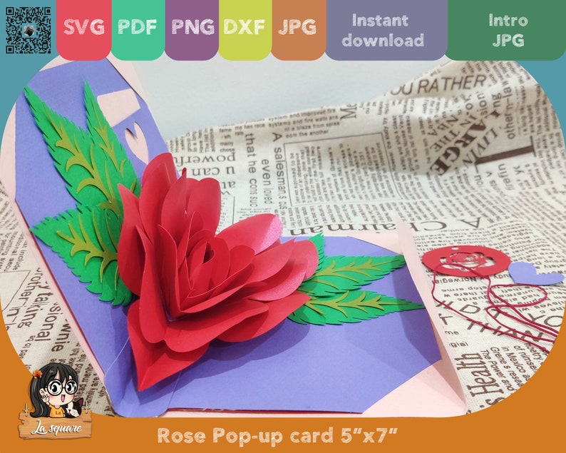 3D Pop-up Rose greeting card, flower Pop up card, printable 3d card Svg cricut, Valentine handmade birthday greeting card for mother image 8