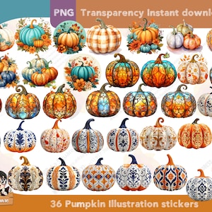 Thanksgiving Pumpkin Illustration Stickers, Watercolor Stained Glass PNG (Digital Download)