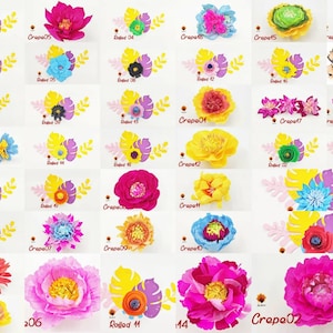 May include: A collection of 20 paper flowers in various colors and styles, including pink, yellow, blue, green, and red. The flowers are arranged in a grid pattern on a white background. The flowers are made of crepe paper and have a variety of textures and shapes.