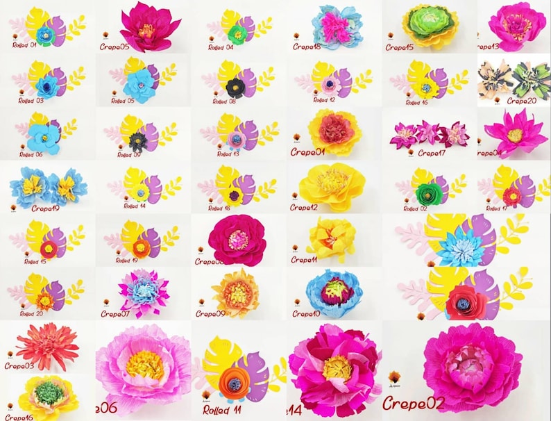 May include: A collection of 20 paper flowers in various colors and styles, including pink, yellow, blue, green, and red. The flowers are arranged in a grid pattern on a white background. The flowers are made of crepe paper and have a variety of textures and shapes.