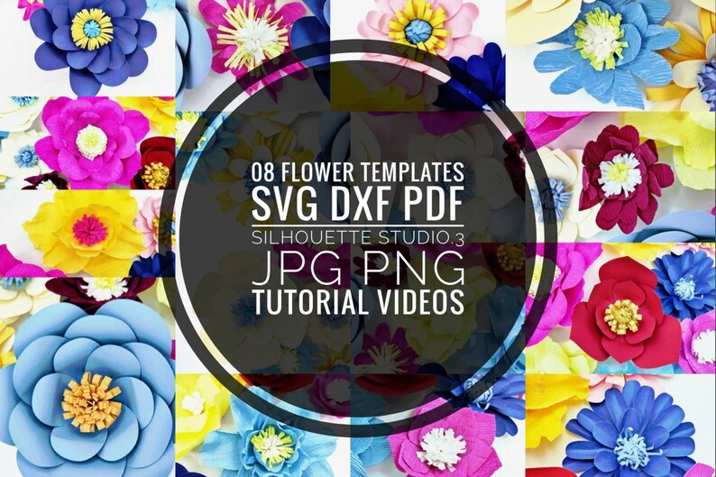 May include: A collage of eight different paper flower templates in various colors, including blue, pink, yellow, and red. The image includes the text "08 FLOWER TEMPLATES SVG DXF PDF SILHOUETTE STUDIO.3 JPG PNG TUTORIAL VIDEOS".