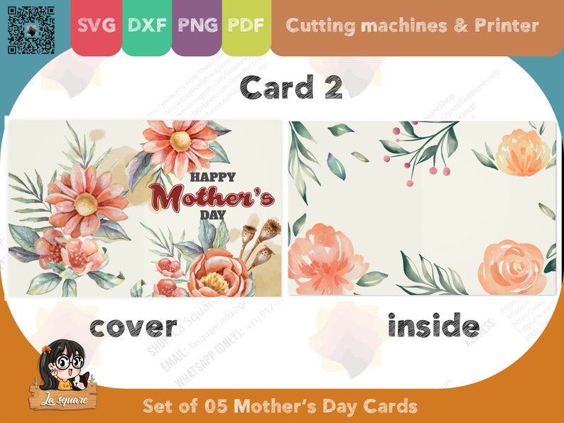 Set 05 Mother's Day greeting cards, foldable two sided printed card, PDF SVG PNG DxF for cricut silhouette printer, for mom image 6