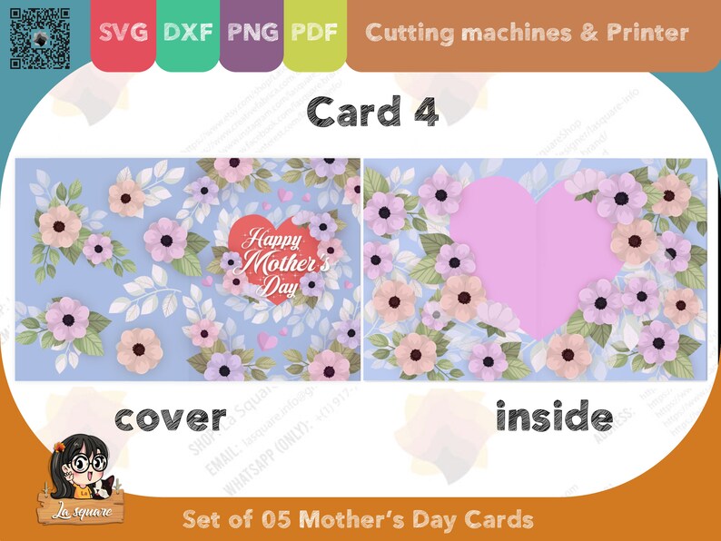 Set 05 Mother's Day greeting cards, foldable two sided printed card, PDF SVG PNG DxF for cricut silhouette printer, for mom image 8