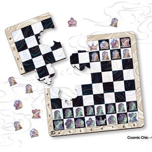 May include: A Flatmate Chess set featuring a black and white checkered board made of two interlocking puzzle pieces. The set includes iridescent chess pieces, a white drawstring storage bag, and the text "FLATMATE CHESS" and "TRA.03 Cosmic Chic".