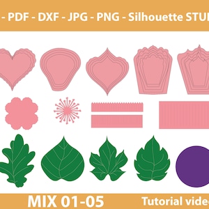 05 Fiori di carta SVG Mix, modello di fiore di carta gigante in PDF, centro di fiore di carta in formato SVG, modello di foglia di carta in formato DXF Png Jpg per silhouette Cricut