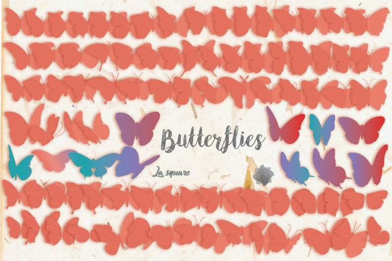 May include: A digital illustration of butterflies in various shades of pink, blue, and red. The butterflies are arranged in rows and columns on a textured background. The text "Butterflies" is written in a stylized font in the center of the image. The text "La square" is written below the word "Butterflies".