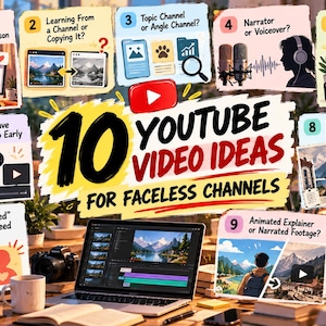 May include: An infographic titled 10 YouTube Video Ideas For Faceless Channels featuring ten numbered panels with illustrations and text about content creation, surrounding a central laptop displaying video editing software.