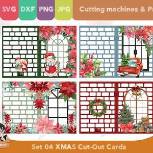 04 Cartões de felicitações de Natal recortados, cartões de 5x7 polegadas, SVG PNG DxF para impressora de silhueta Cricut, máquina a laser