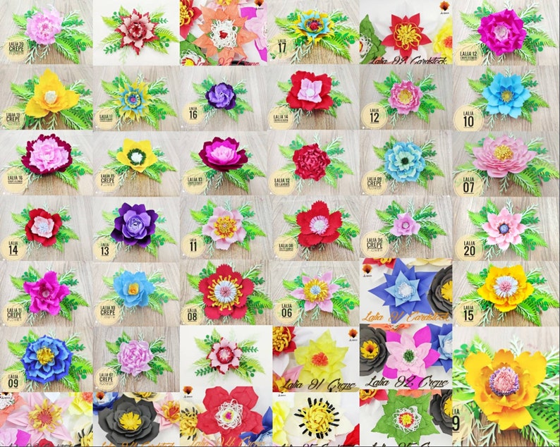 May include: A collection of 25 paper flowers in various colors, including pink, yellow, blue, red, and purple. The flowers are arranged in a grid pattern and are all made with crepe paper. Each flower has a number label.