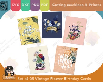 Set 05 Vintage Flower Happy Birthday greeting cards, foldable two sided printed card,  PDF SVG PNG DxF for cricut silhouette printer