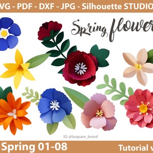 08 SPRING Paper flowers template, bundle flower SVG, small flower PdF DXF Png Jpg for cricut silhouette