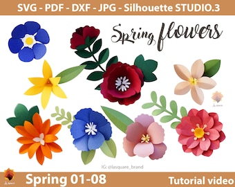 08 SPRING Paper flowers template, bundle flower SVG, small flower PdF DXF Png Jpg for cricut silhouette