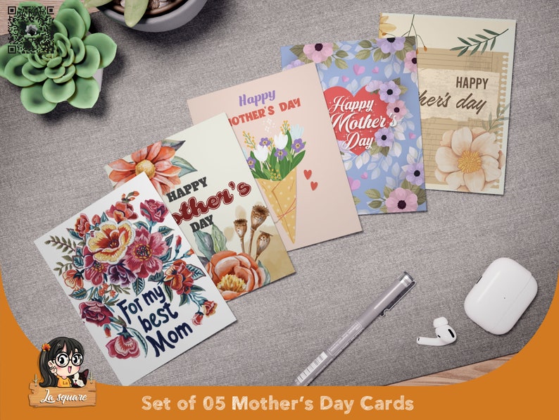 Set 05 Mother's Day greeting cards, foldable two sided printed card, PDF SVG PNG DxF for cricut silhouette printer, for mom image 2