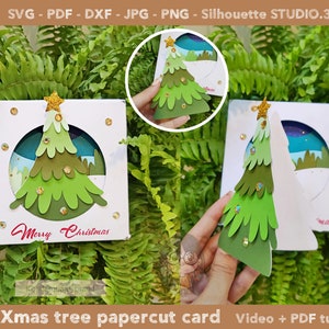 Modèle de carte de voeux de sapin de Noël Papercut, fichier de coupe de carte de voeux vert sapin de Noël SVG DXF PDF Jpg Png