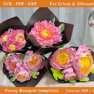 Crepe Peony Bouquet, Crepe paper flowers templates, crepe flower SVG, flower bouquet PDF, flower home decor, DXF for cricut silhouette