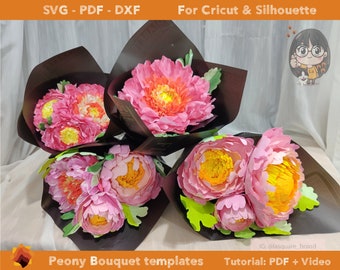 Crepe Peony Bouquet, Crepe paper flowers templates, crepe flower SVG, flower bouquet PDF, flower home decor, DXF for cricut silhouette