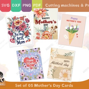 Set 05 Mother's Day greeting cards, foldable two sided printed card, PDF SVG PNG DxF for cricut silhouette printer, for mom image 1