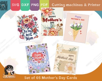 Set 05 Mother's Day greeting cards, foldable two sided printed card,  PDF SVG PNG DxF for cricut silhouette printer, for mom