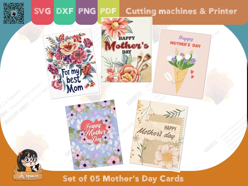 Set 05 Mother's Day greeting cards, foldable two sided printed card, PDF SVG PNG DxF for cricut silhouette printer, for mom image 1