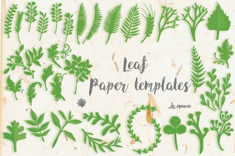 May include: A collection of 25 green leaf paper templates, perfect for crafting and paper cutting. The templates include various leaf shapes, including ferns, branches, and wreaths.