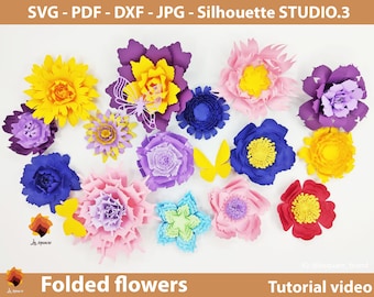 15 plantillas de flores de papel plegadas, flores de papel pequeñas en formato SVG, videos tutoriales de flores, plantillas de hojas en formato PDF, DXF, PNG y JPG para Cricut y Silhouette