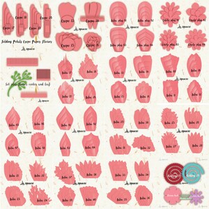 May include: A set of 40 printable paper flower templates for crafting. The templates are in pink and include various shapes, sizes, and styles of petals, leaves, and flower centers. The templates are labeled with numbers and names, such as "Crepe 18", "Lilia 05", and "Rolling 13".