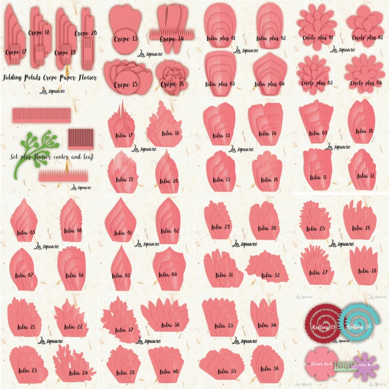 May include: A set of 40 printable paper flower templates for crafting. The templates are in pink and include various shapes, sizes, and styles of petals, leaves, and flower centers. The templates are labeled with numbers and names, such as "Crepe 18", "Lilia 05", and "Rolling 13".