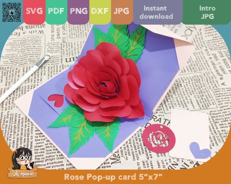 3D Pop-up Rose greeting card, flower Pop up card, printable 3d card Svg cricut, Valentine handmade birthday greeting card for mother image 6