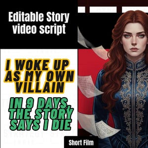 May include: An editable story video script titled I Woke Up As My Own Villain In 9 Days, The Story Says I Die. The graphic features a woman with long auburn hair wearing a dark blue high-collared dress with gold embroidery, surrounded by floating papers.