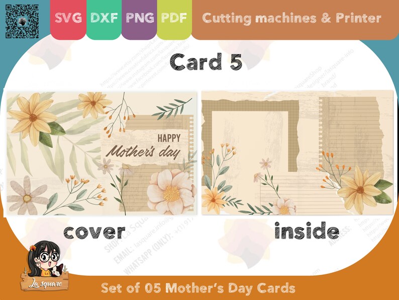 Set 05 Mother's Day greeting cards, foldable two sided printed card, PDF SVG PNG DxF for cricut silhouette printer, for mom image 9