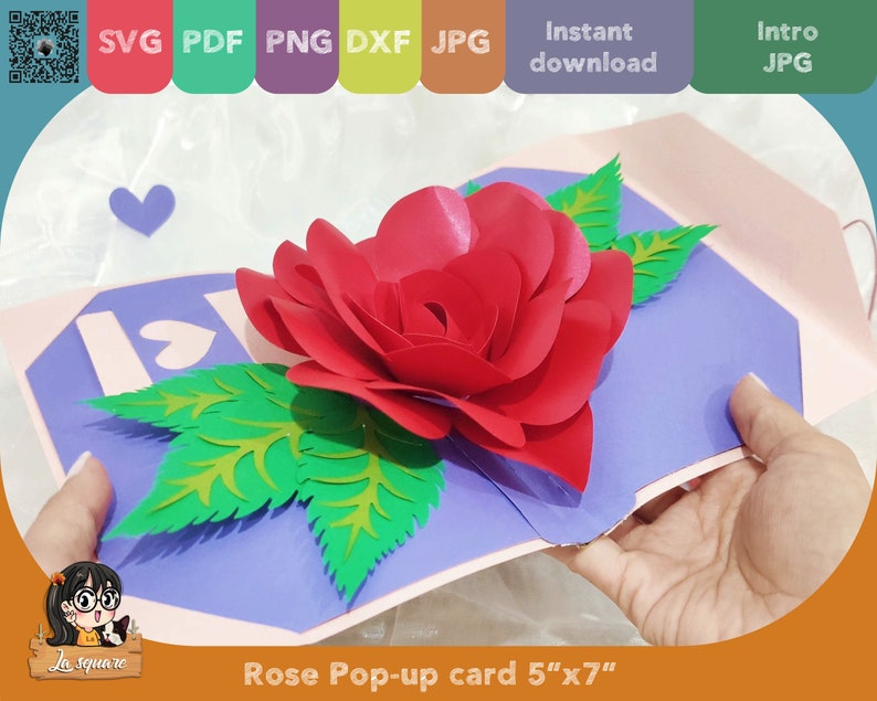 3D Pop-up Rose greeting card, flower Pop up card, printable 3d card Svg cricut, Valentine handmade birthday greeting card for mother image 2