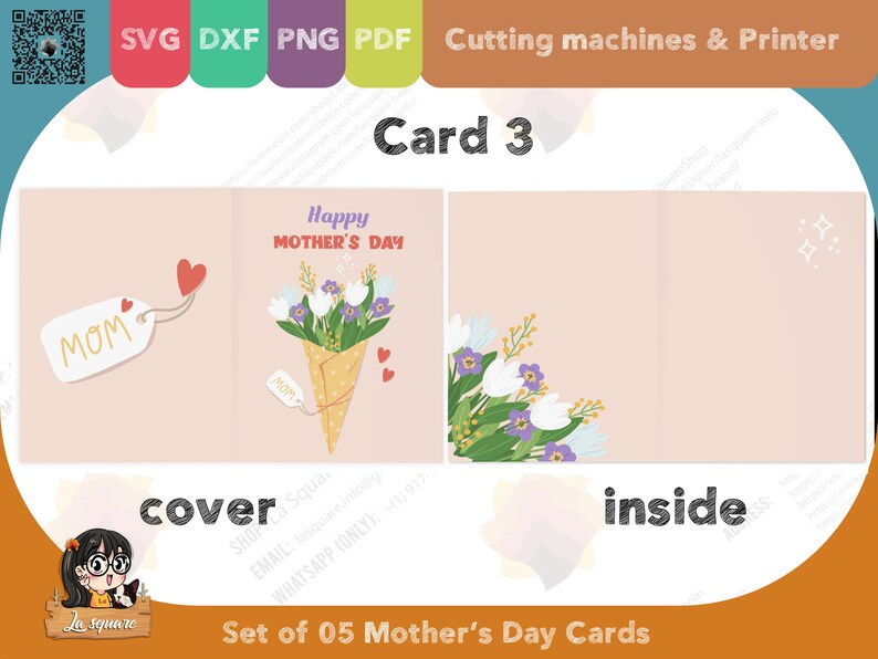 Set 05 Mother's Day greeting cards, foldable two sided printed card, PDF SVG PNG DxF for cricut silhouette printer, for mom image 7