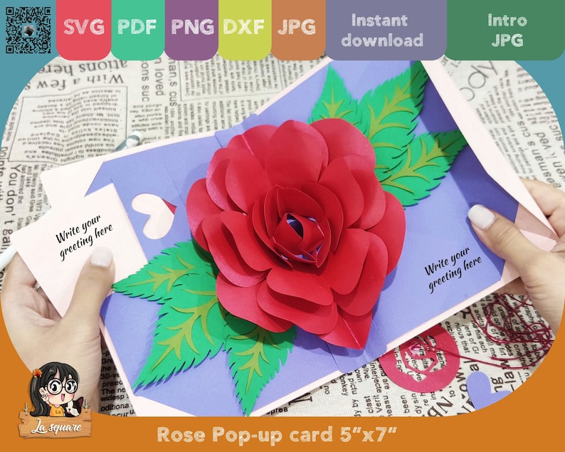 3D Pop-up Rose greeting card, flower Pop up card, printable 3d card Svg cricut, Valentine handmade birthday greeting card for mother image 1