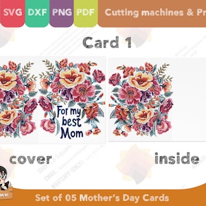 Set 05 Mother's Day greeting cards, foldable two sided printed card, PDF SVG PNG DxF for cricut silhouette printer, for mom image 5
