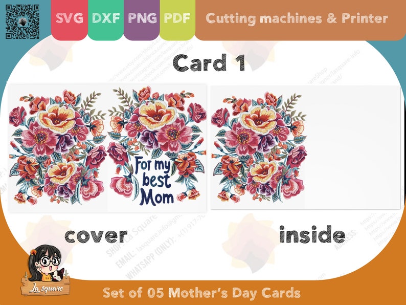 Set 05 Mother's Day greeting cards, foldable two sided printed card, PDF SVG PNG DxF for cricut silhouette printer, for mom image 5