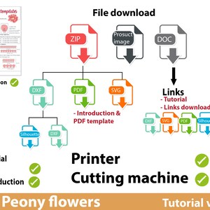 May include: A diagram showing the files included in a digital download for a peony flower template. The files include DXF, PDF, SVG, Silhouette, and JPG formats. The diagram also shows that the files can be used with a printer or a cutting machine. The text "Introduction", "Tutorial Video", and "Tutorial video" are also included in the diagram.