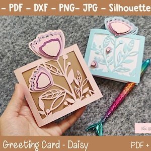Plantilla de tarjeta láser con margaritas, tarjeta con flores de 4 x 5", tarjeta de felicitación imprimible svg, tarjeta del día de San Valentín, cumpleaños, tarjeta de felicitación del día de la madre