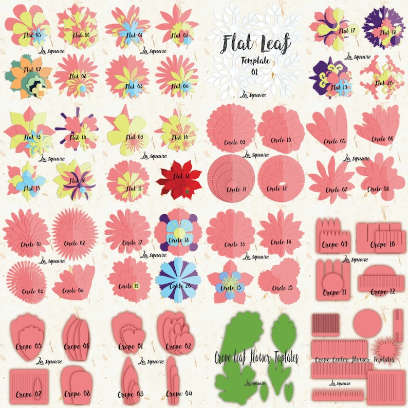 May include: A set of 16 paper flower templates for crafting. The templates are labeled with numbers and include flat, circle, and crepe paper flower designs. The templates are printed on a light pink background with a textured paper look.