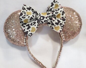 Rose Gold Sequin ears with animal print bow