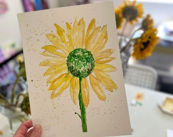Green Face Sunflower 9x12 Watercolor Art