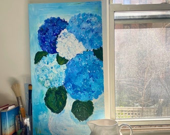 Blooming Tall 5 Hydrangeas Acrylic Painting 30x14 inches